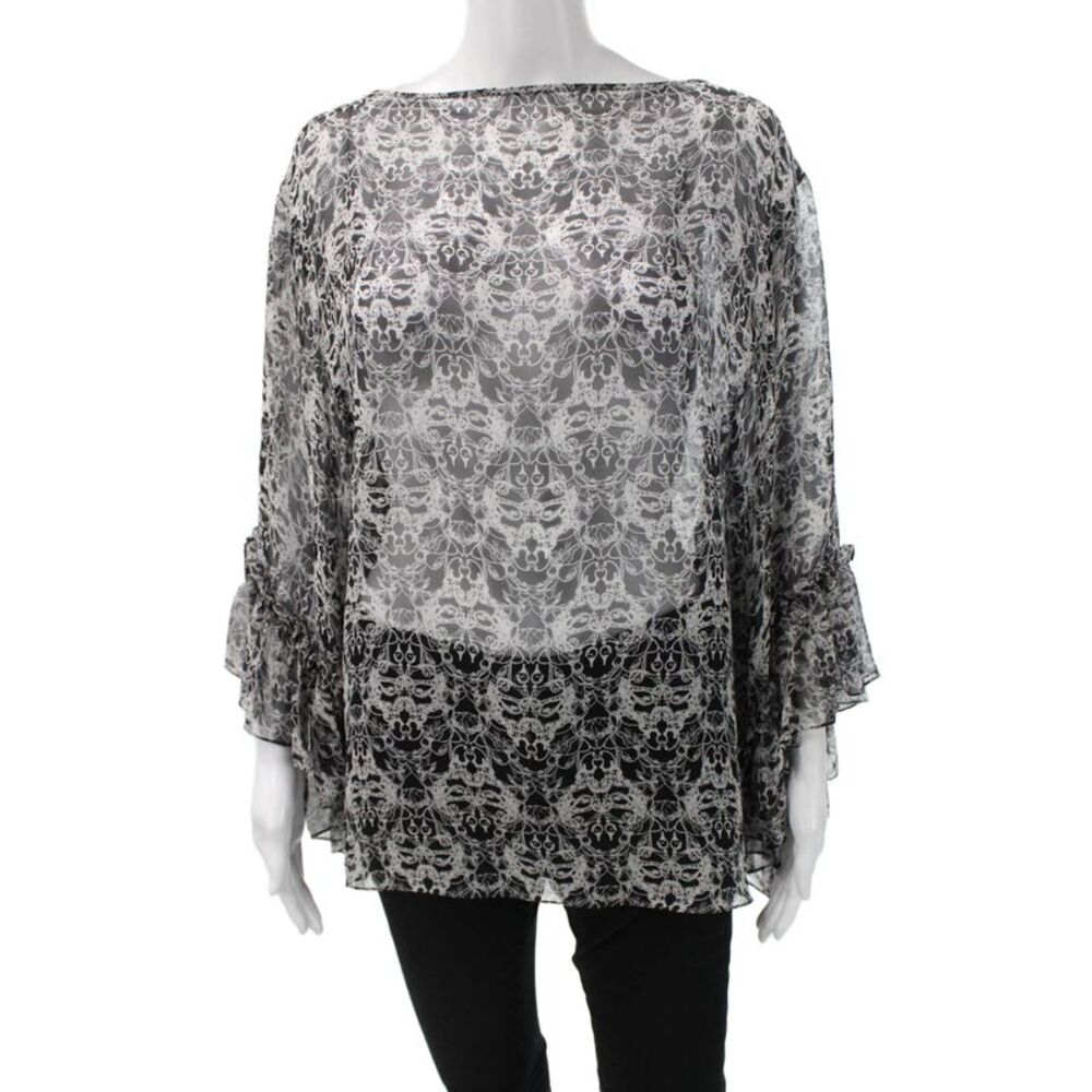 Thomas Wylde Women Kimono Blouse Black Silk Graphic 3/4 Sleeve Neck Size S